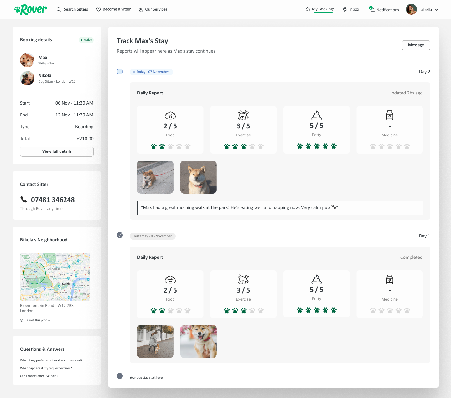 Pet Tracker feature — food, exercise, potty breaks, medicine, photos
